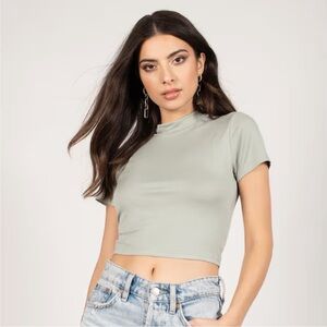 TOBI Sage Green Mock Neck Short Sleeve Crop Top
